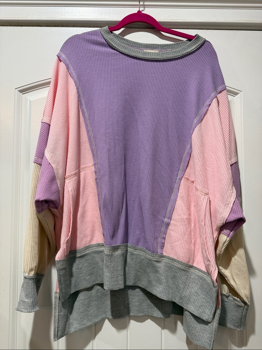 Peach Love California Lavender Pink Cream Colorblock Waffle Knit Pullover